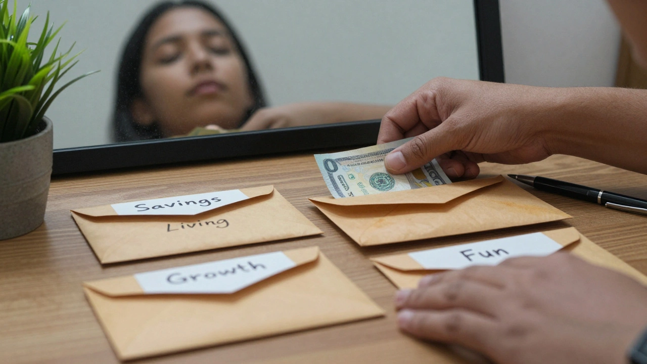 Hands sorting money into labeled envelopes on a wooden table with a small plant nearby.