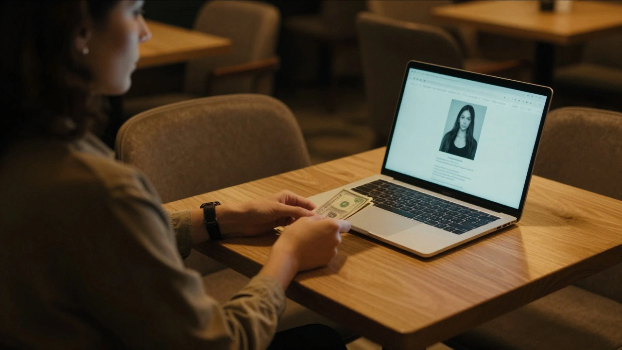 Person handing cash to empty chair with laptop displaying fake profile in café