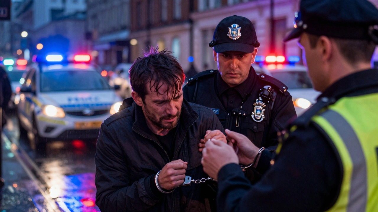 Police arresting suspect in London street with flashing lights.