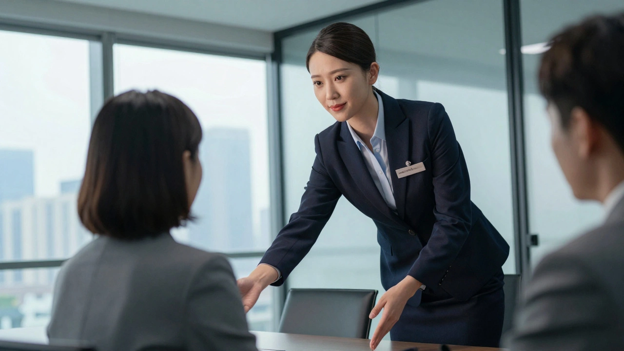 Professional escort supporting client at a business conference event, discreet and elegant.