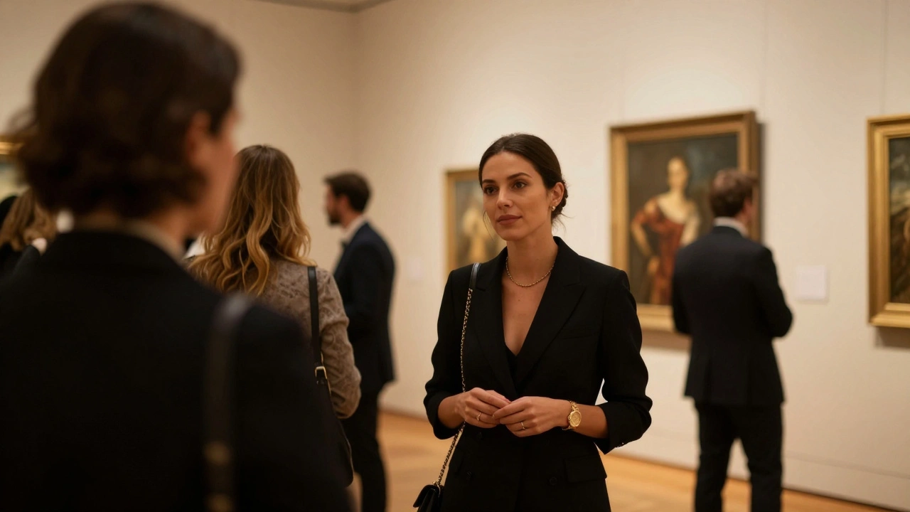 Professional event companion at museum gala interacting with guests