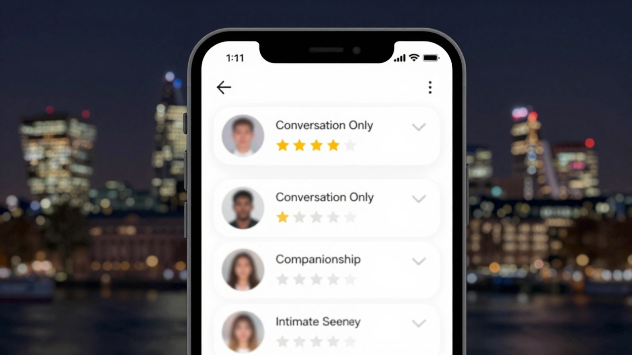 Smartphone screen showing a discreet app with verified profiles and service options for emotional connection.
