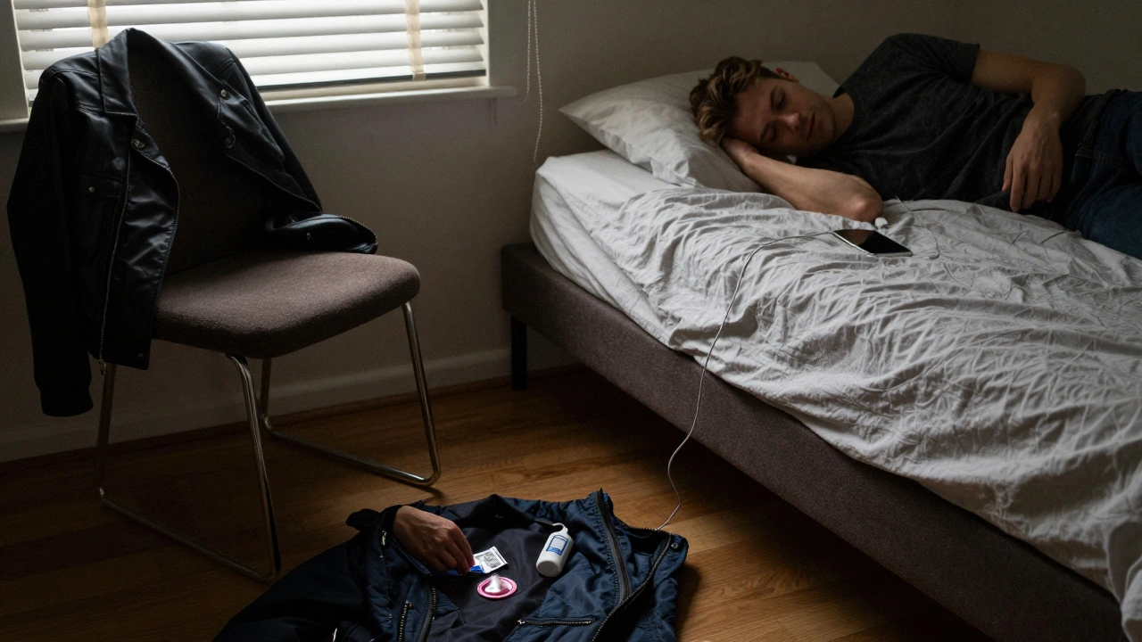 Someone preparing for intimacy with condoms and a phone charger in a dim bedroom.