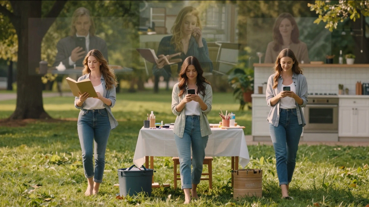Three women enjoying quiet personal moments outdoors and at home, free from work.