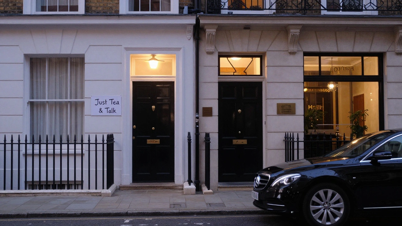 Two contrasting doorways in London—one simple, one luxurious—symbolizing different kinds of companionship.