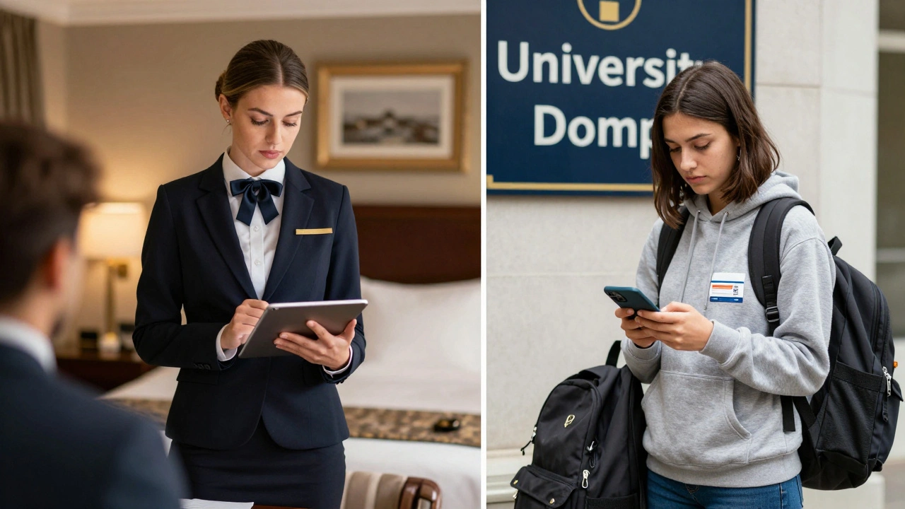 Two contrasting scenes: a high-end escort in a luxury suite and a student escort in a dorm, highlighting diverse backgrounds of UK escorts.