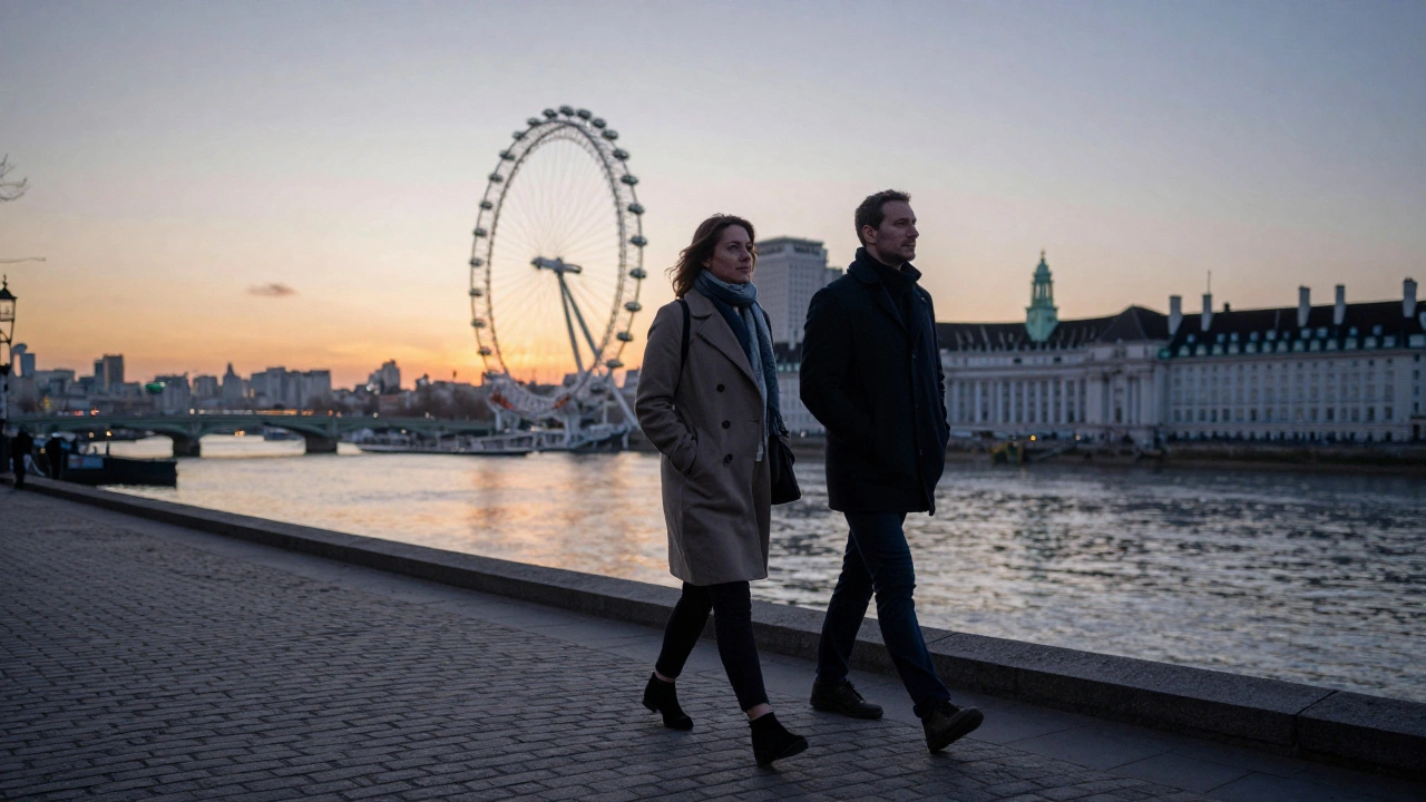Two individuals walking peacefully along the Thames at sunset, sharing a moment of companionship.