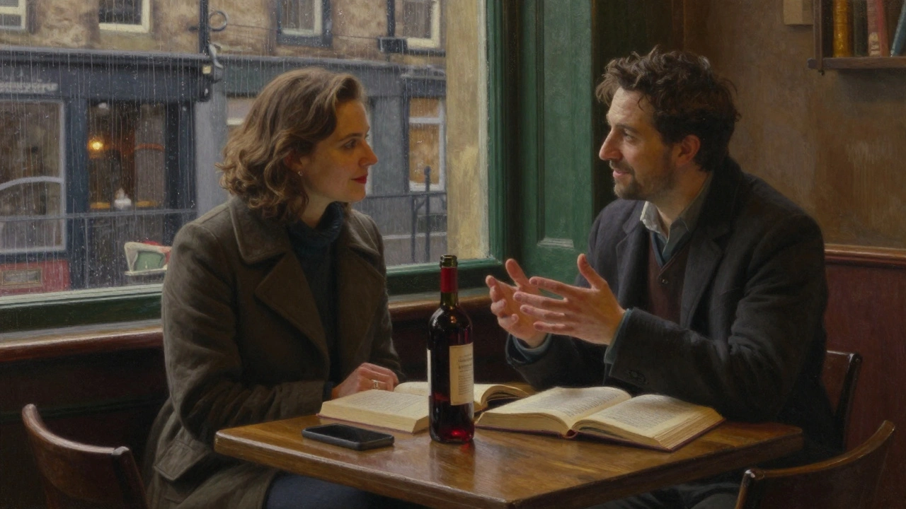 Two people converse warmly in a cozy Edinburgh café, rain falling outside the window.