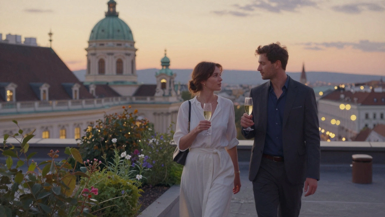 Two people sharing champagne on a Vienna rooftop garden at sunset.