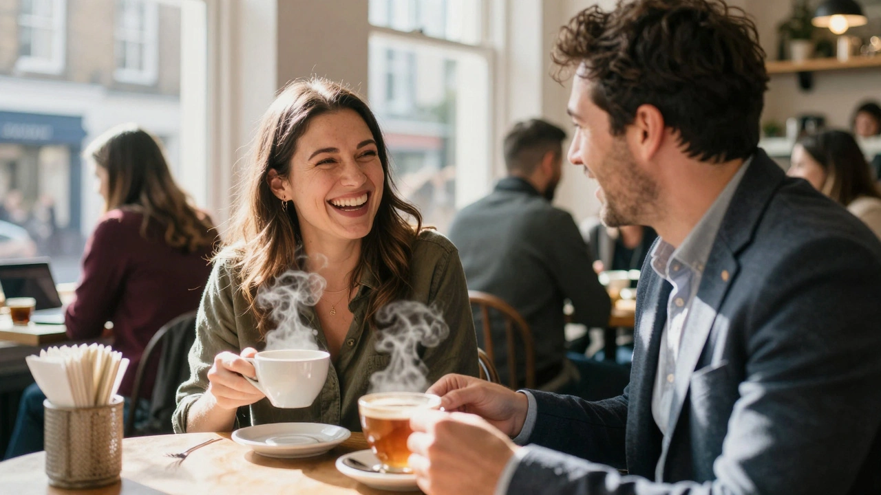 A BBW escort laughing warmly in a cozy London café, listening to her companion over tea.
