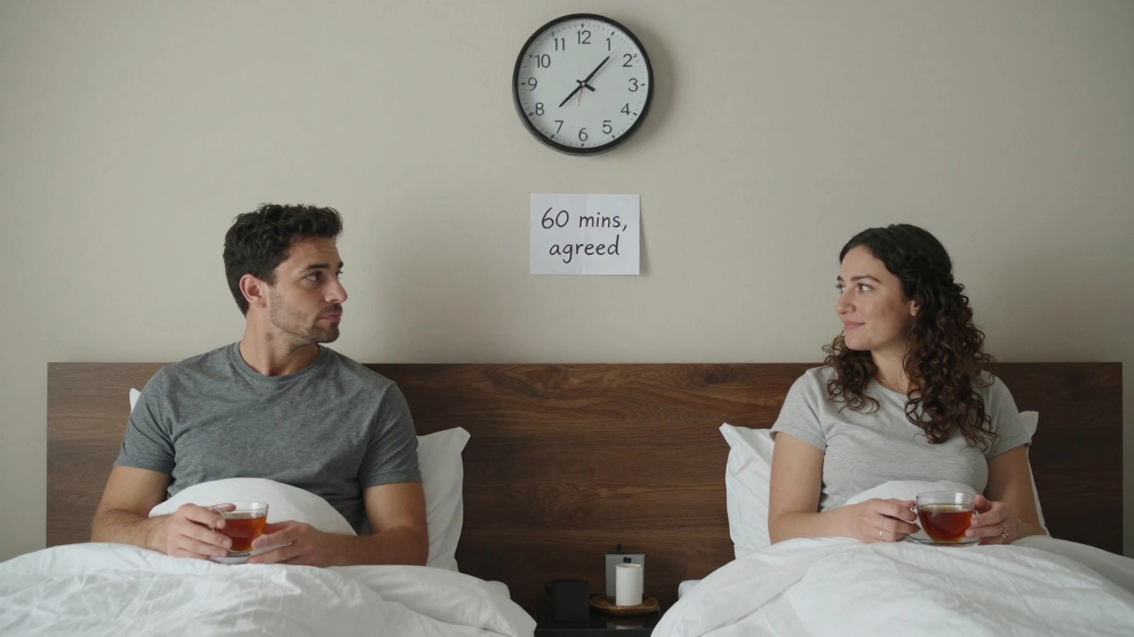 A calm, respectful conversation between two people in a hotel room, emphasizing communication and boundaries over physicality.