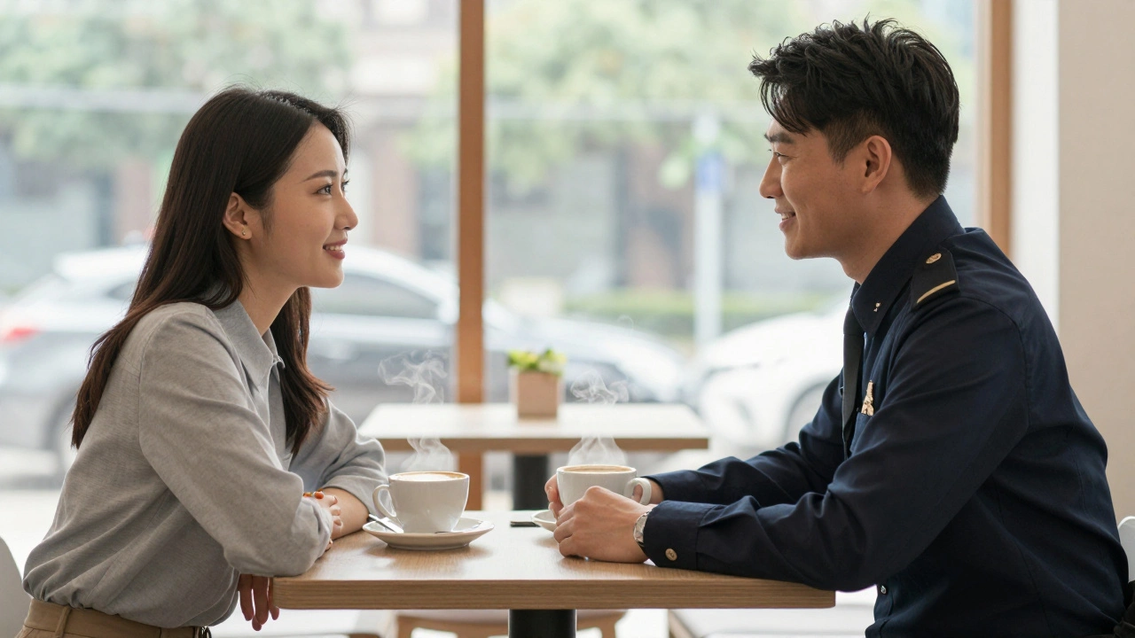A client and escort having a calm, respectful conversation at a café, with no physical contact, emphasizing human connection.