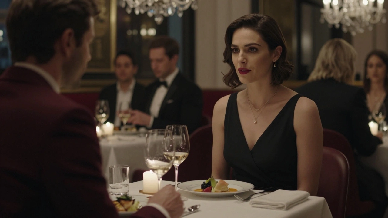 A couple enjoys an elegant dinner at a London restaurant, engaged in thoughtful conversation.