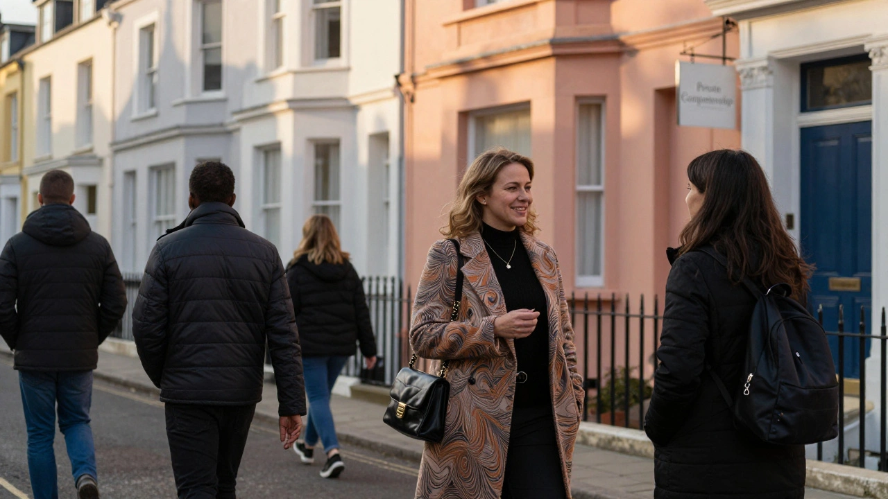 A curvy woman walking confidently through Notting Hill at golden hour, surrounded by colorful townhouses and casual passersby.