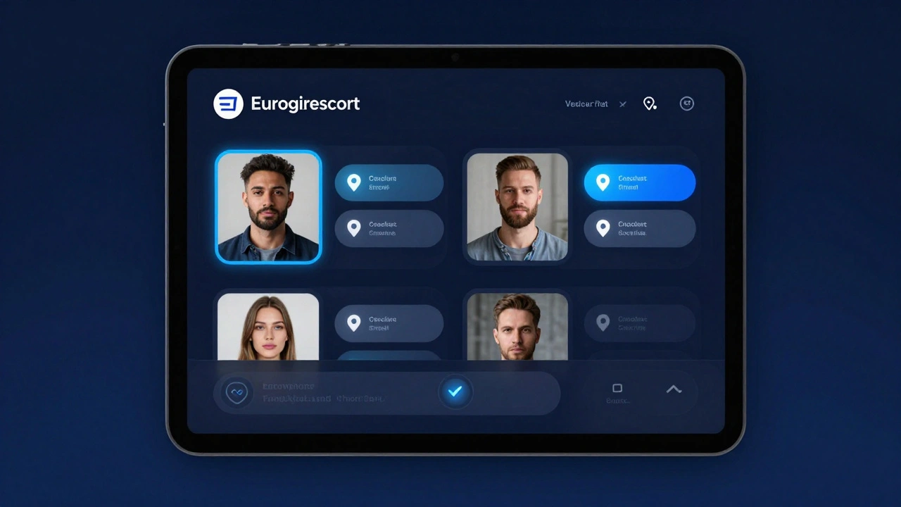 A digital platform interface showing verified escort profiles, encrypted messaging, and blockchain verification badges.