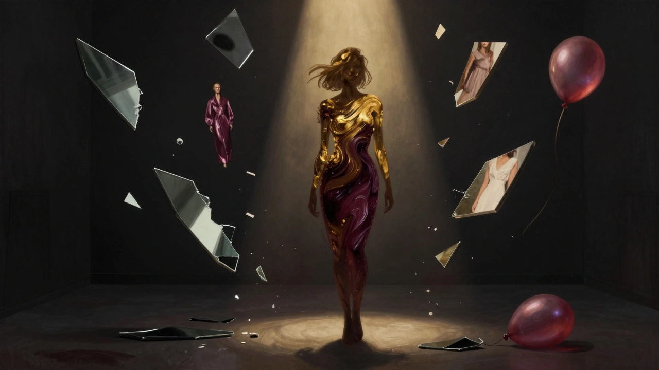 A golden silhouette of a woman radiating warmth in a dark room, with shattered beauty standards floating around her.