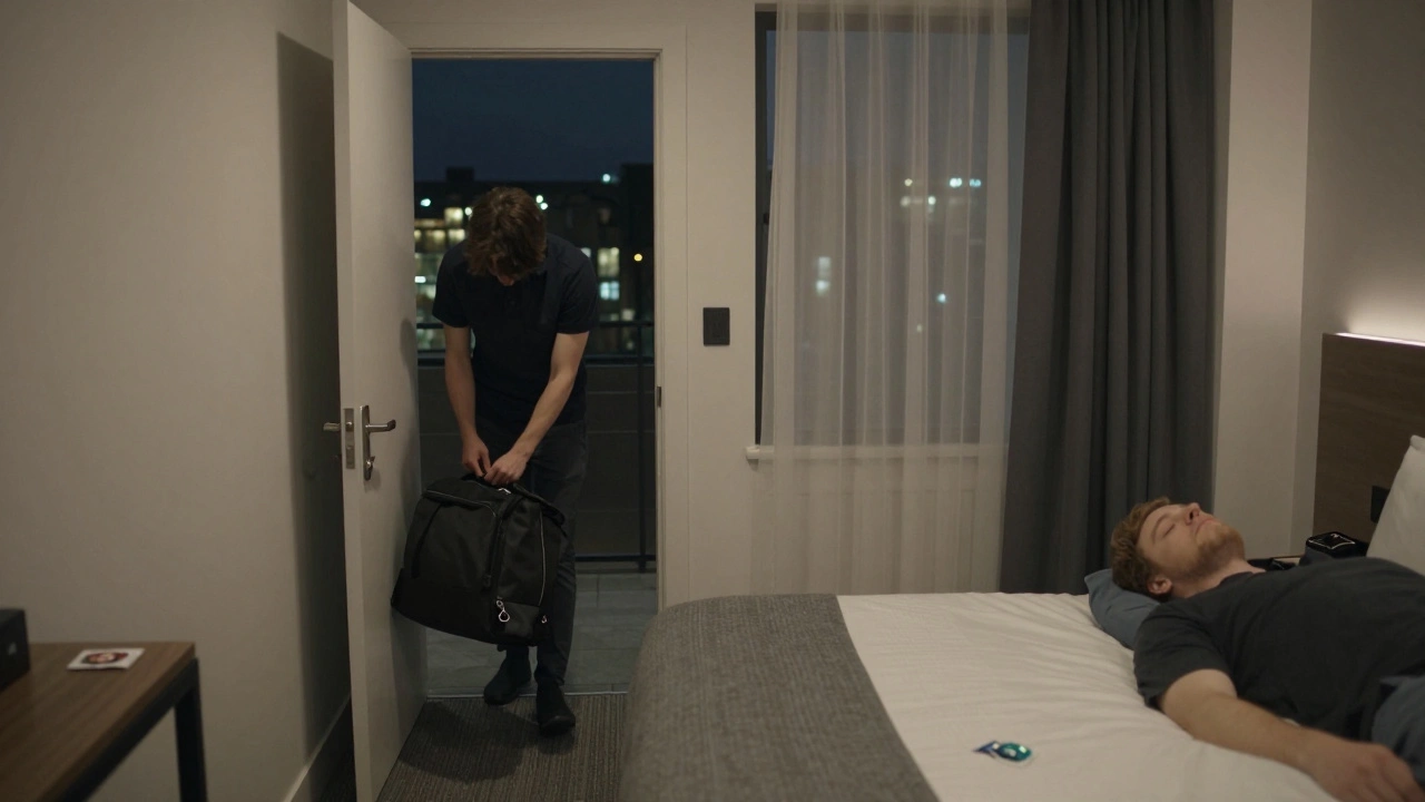 A hotel room at night with a bag packed and city lights visible through half-drawn curtains.