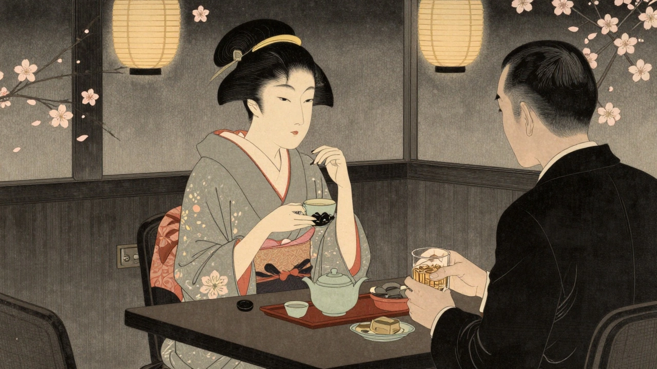 A Japanese image café scene with a woman serving tea, embodying cultural discretion and elegance.