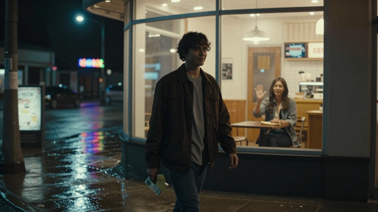 A person leaving a coffee shop at night holding cash, smiling calmly, as an escort waves goodbye through the window.