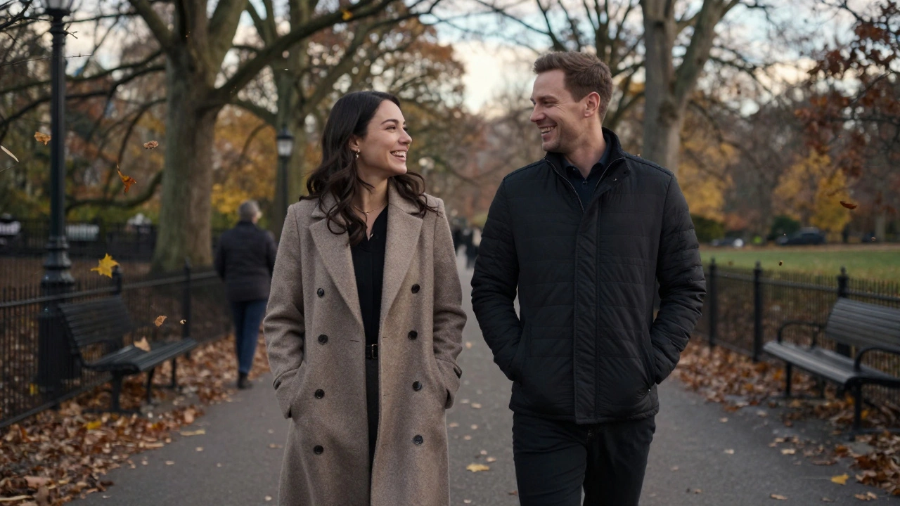 A plus-size woman and client walking peacefully through Hyde Park, laughing under autumn trees.