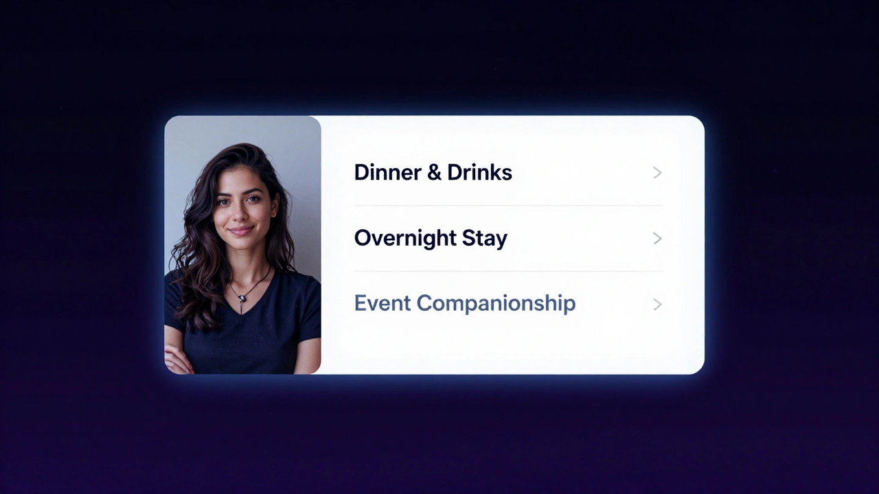 A private booking interface displays a companion's profile with no personal details, emphasizing discretion.