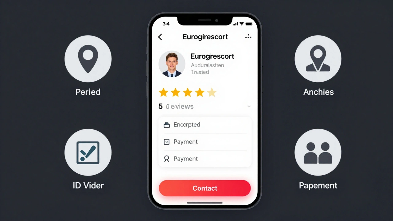 A secure app interface showing verified profile, reviews, encrypted payment, and emergency contact options on Eurogirlescort.