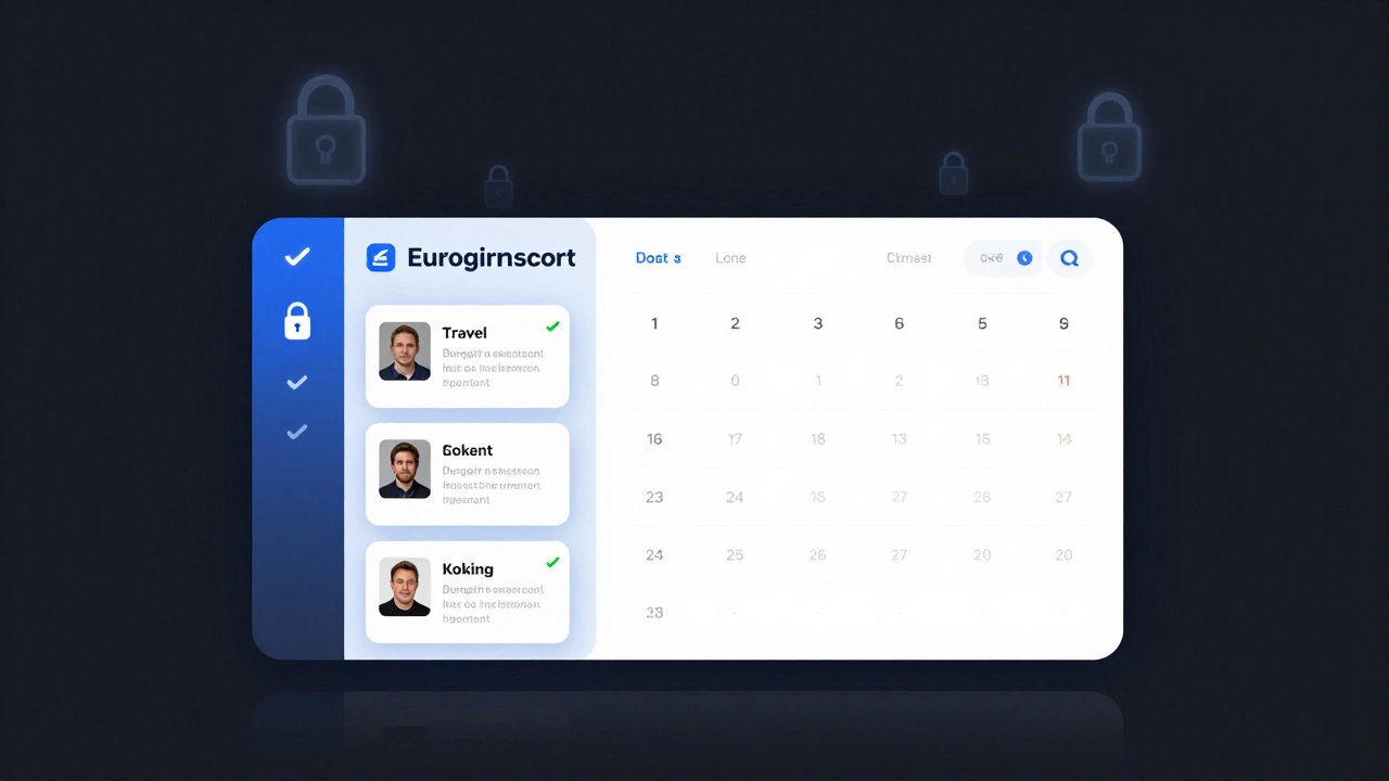 A secure booking interface with verified escort profiles, encrypted symbols, and clean design on a dark background.