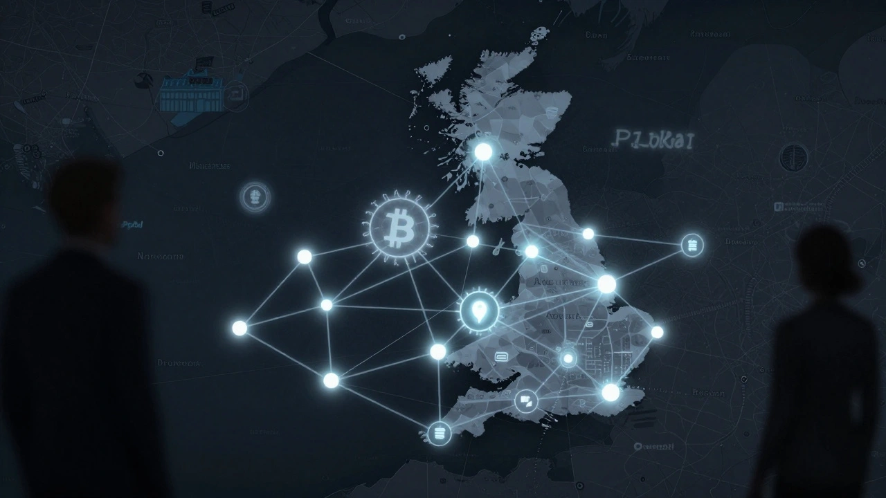 A stylized UK map showing digital connections between escort profiles and payment methods.