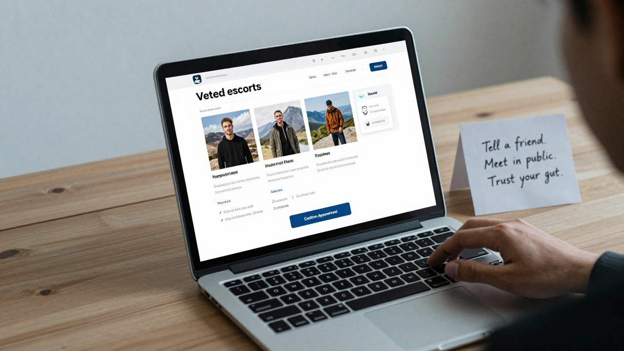 A vetted escort profile on a laptop screen showing real photos and verification, with a safety note in the background.