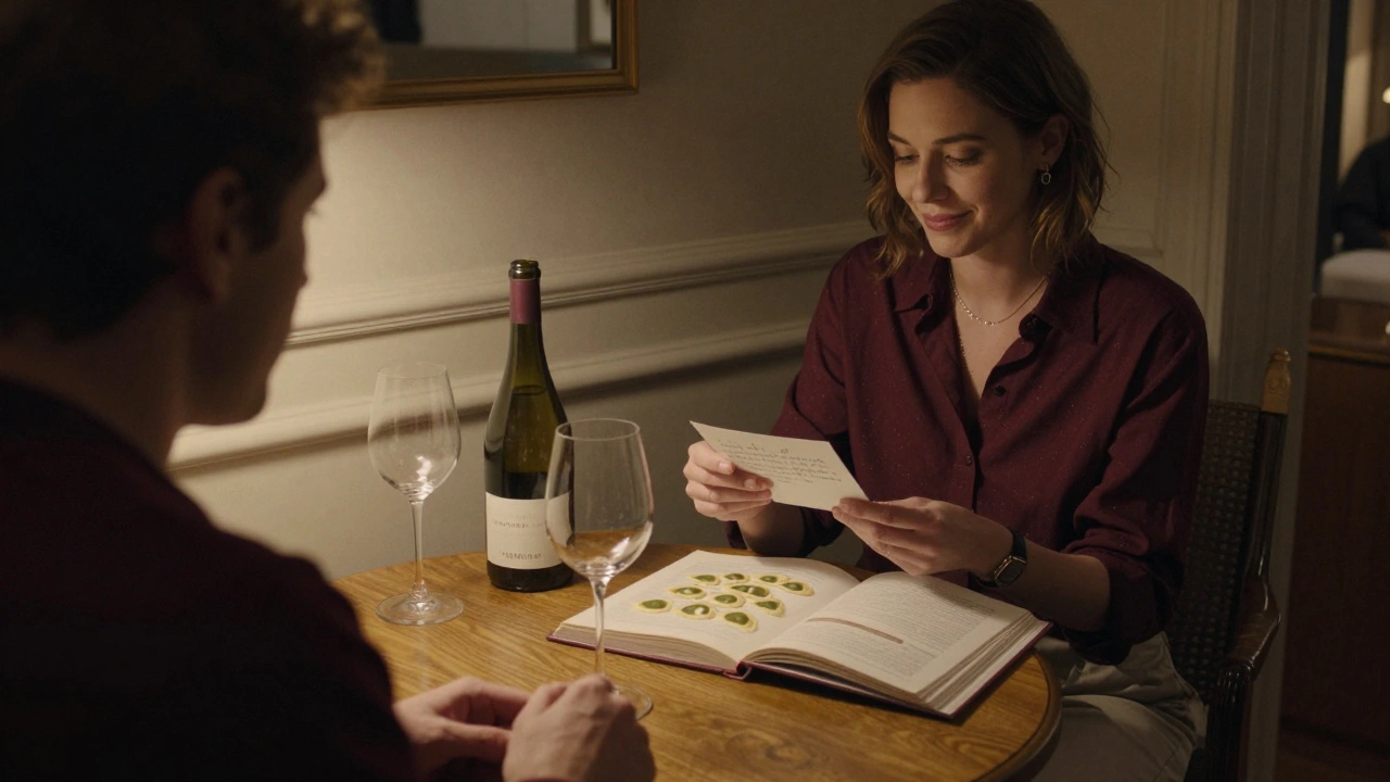 A woman handing a handwritten note to a man in a Paris hotel room, wine and recipe book symbolizing thoughtful companionship.