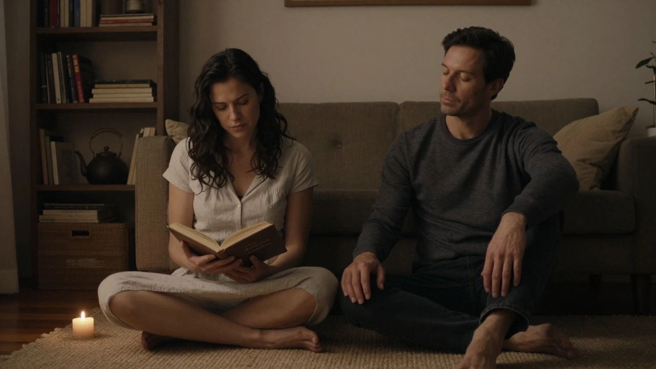 A woman reading aloud to a man in a softly lit room, both lost in quiet companionship, no physical contact.