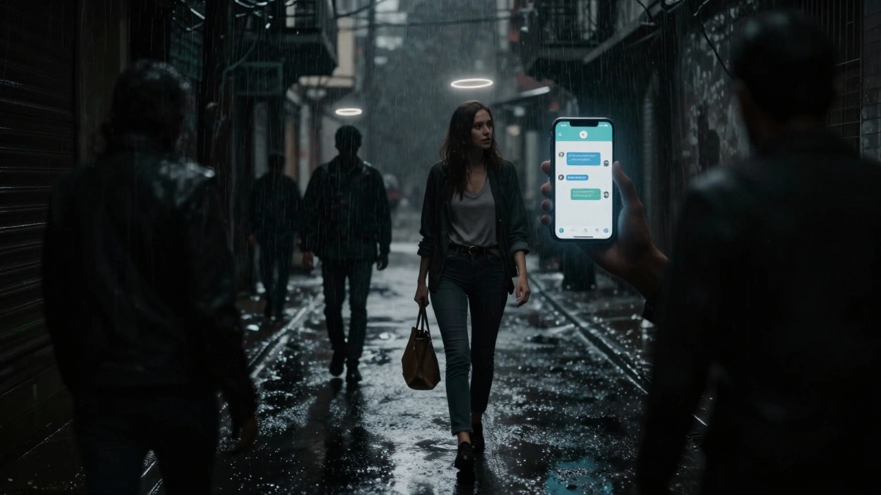 A woman walking alone at night in São Paulo, smartphone glowing, shadows hinting at risk and resilience.