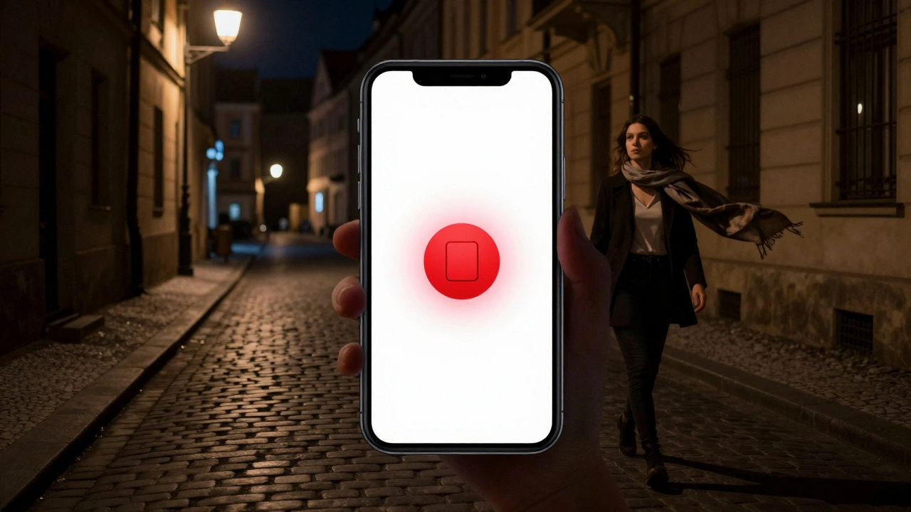 A woman walking safely at night in Prague, a smartphone’s emergency button glowing softly in the dark.
