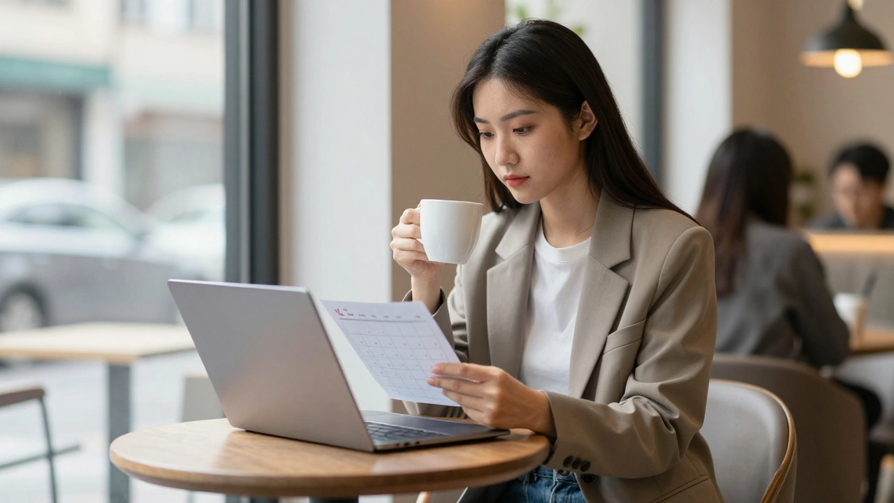 A woman working at a café, managing her escort profile on a laptop with calm focus.
