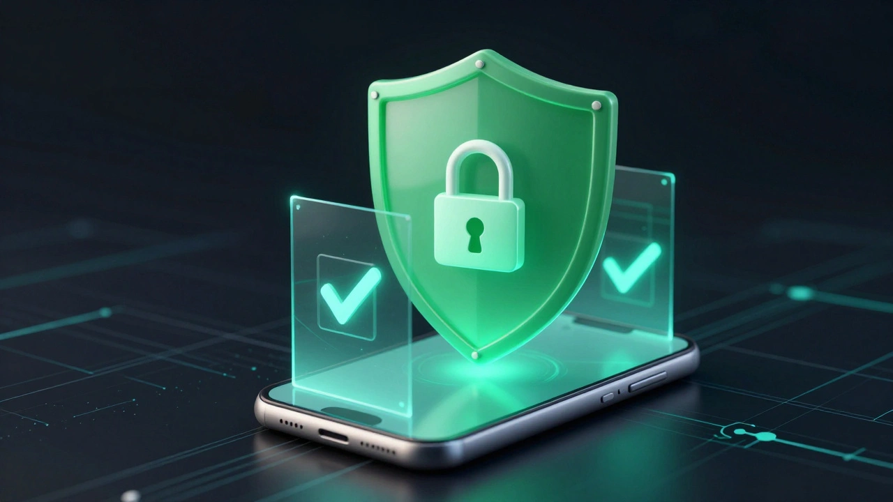 Abstract graphic of digital security shield over data.