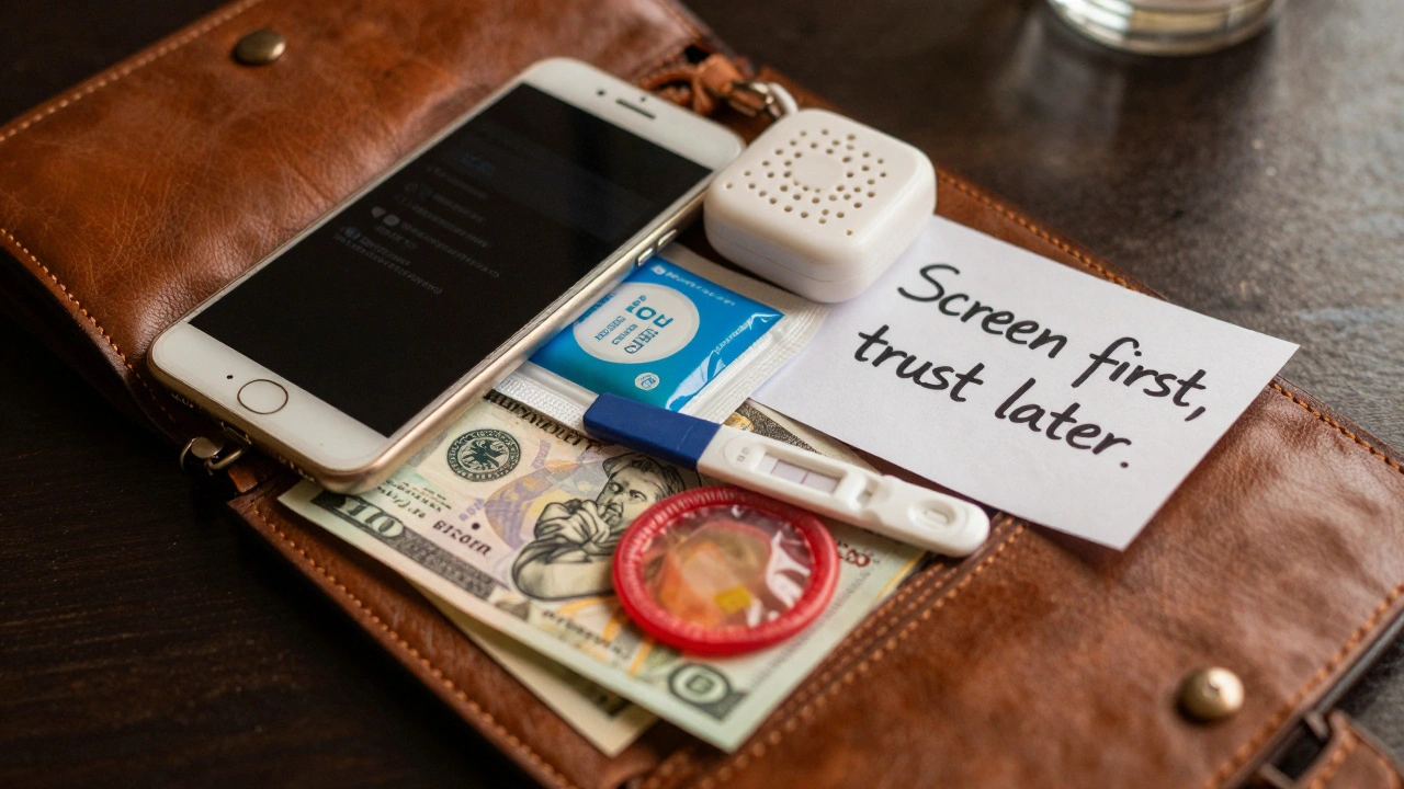 An open purse containing essential safety gear: phone, alarm, condoms, cash, and a fake pregnancy test.