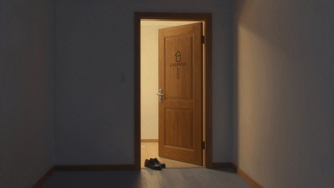 Apartment door slightly open with warm light spilling into a hallway.