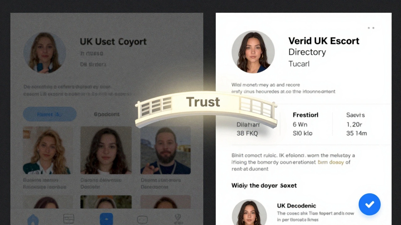 Contrast between a fake social media profile and a verified escort directory profile, connected by a glowing bridge labeled 'Trust'.