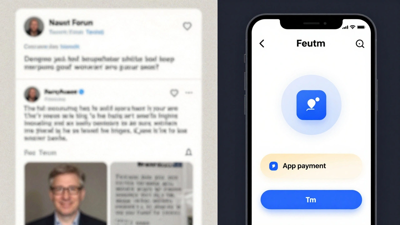 Contrast between outdated forum posts and modern secure escort platform interface.