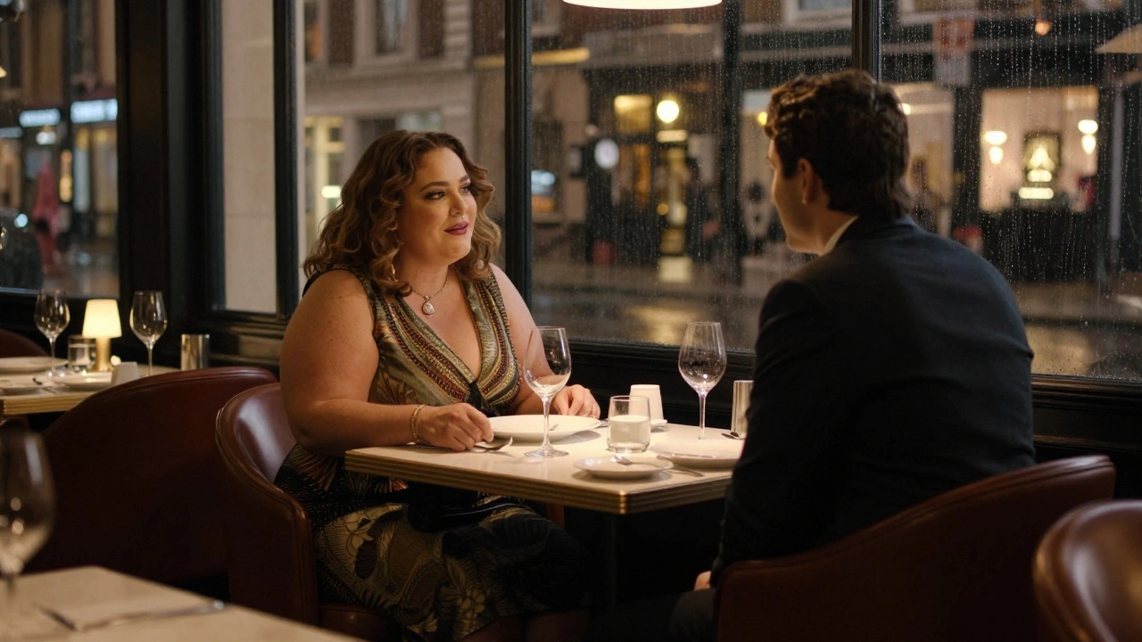 Couple dining at upscale restaurant with London view outside.