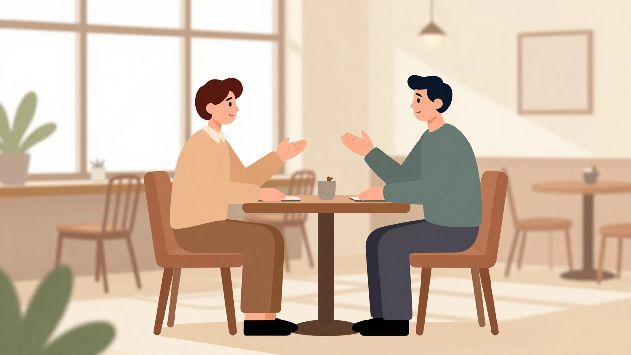 Illustration of two professionals meeting respectfully at a cafe.