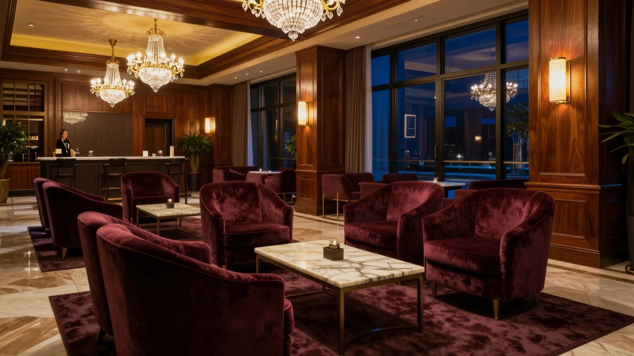 Luxury hotel lobby waiting area with warm lighting