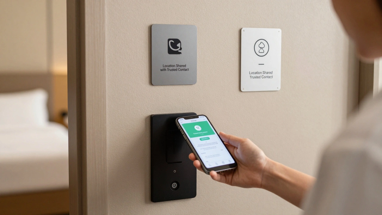 Safe hotel meeting setup with digital safety notification displayed.