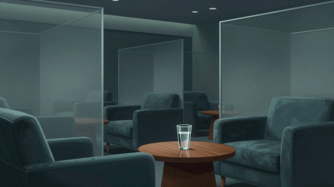 Secure private lounge interior with dim lighting