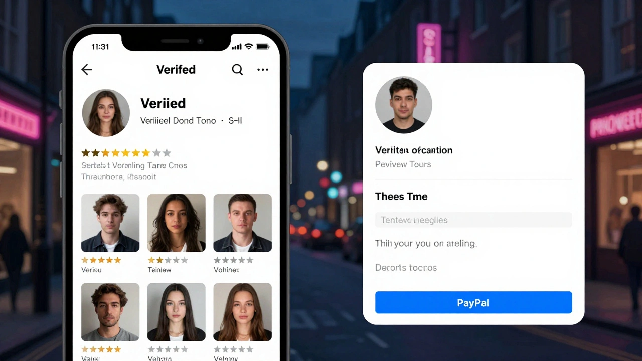 Side-by-side comparison of a genuine escort profile versus a fake one on a smartphone screen.