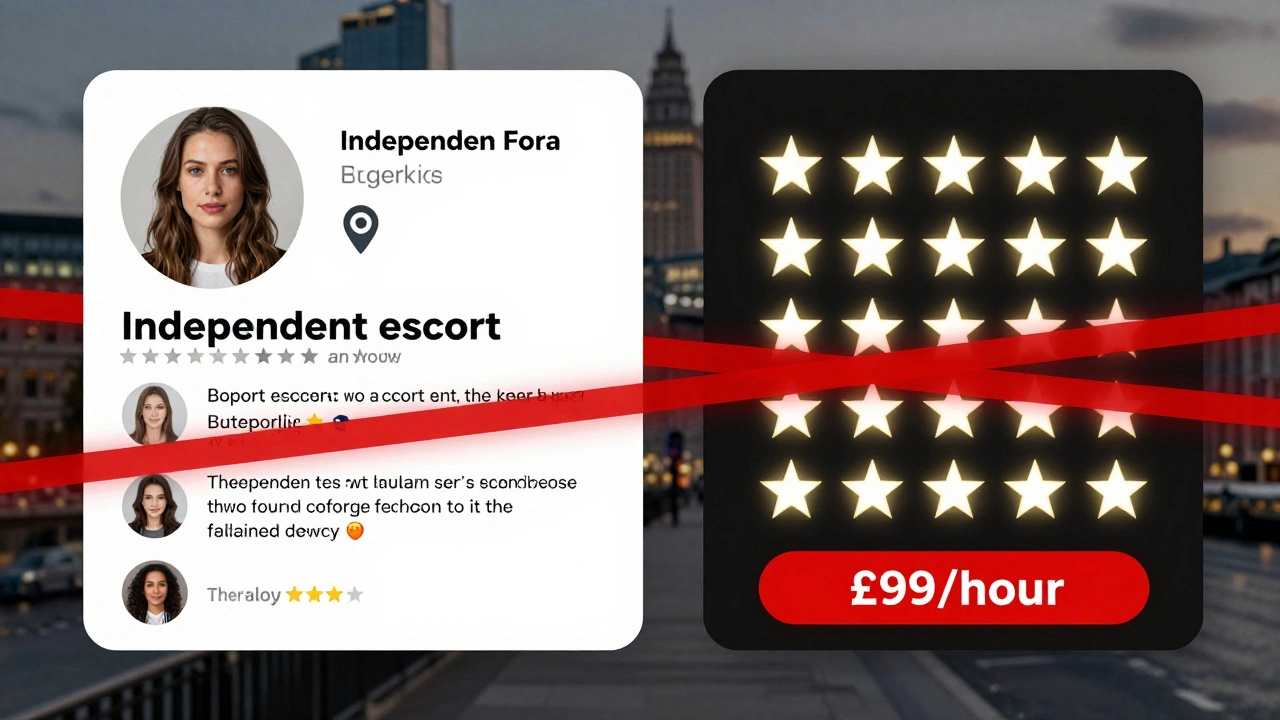 Side-by-side comparison of a genuine independent escort profile versus a suspicious agency advertisement in London.
