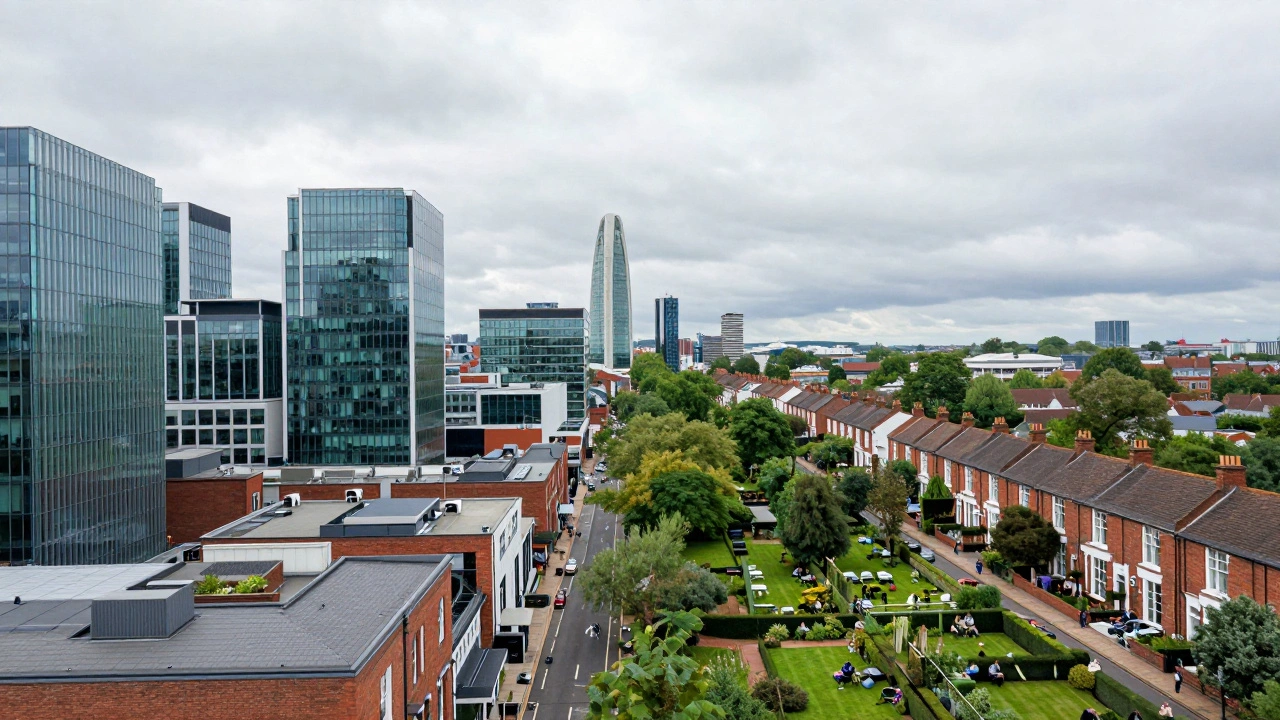 Skyline view shifting from city center to suburbs