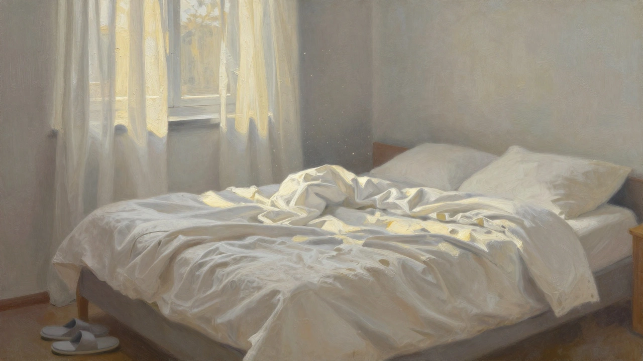 Sunlit bedroom with unmade bed and a single slipper near morning light