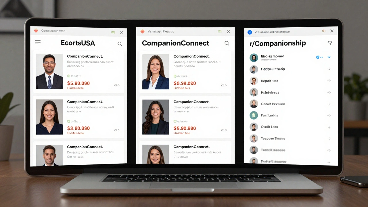 Three verified online platforms displaying professional escort profiles with clear pricing and client reviews on a laptop screen.