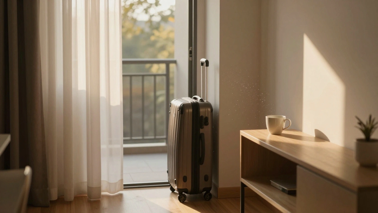 Tidy apartment hallway with suitcase and mug in morning light
